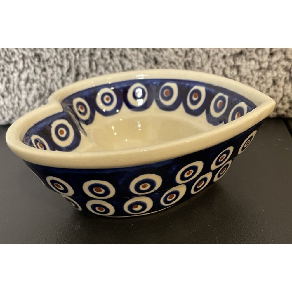 Boleslawiec Polish Art Pottery Heart Shaped Bowls Baker Mold Blue Dots Set Of 2 - Picture 3 of 7